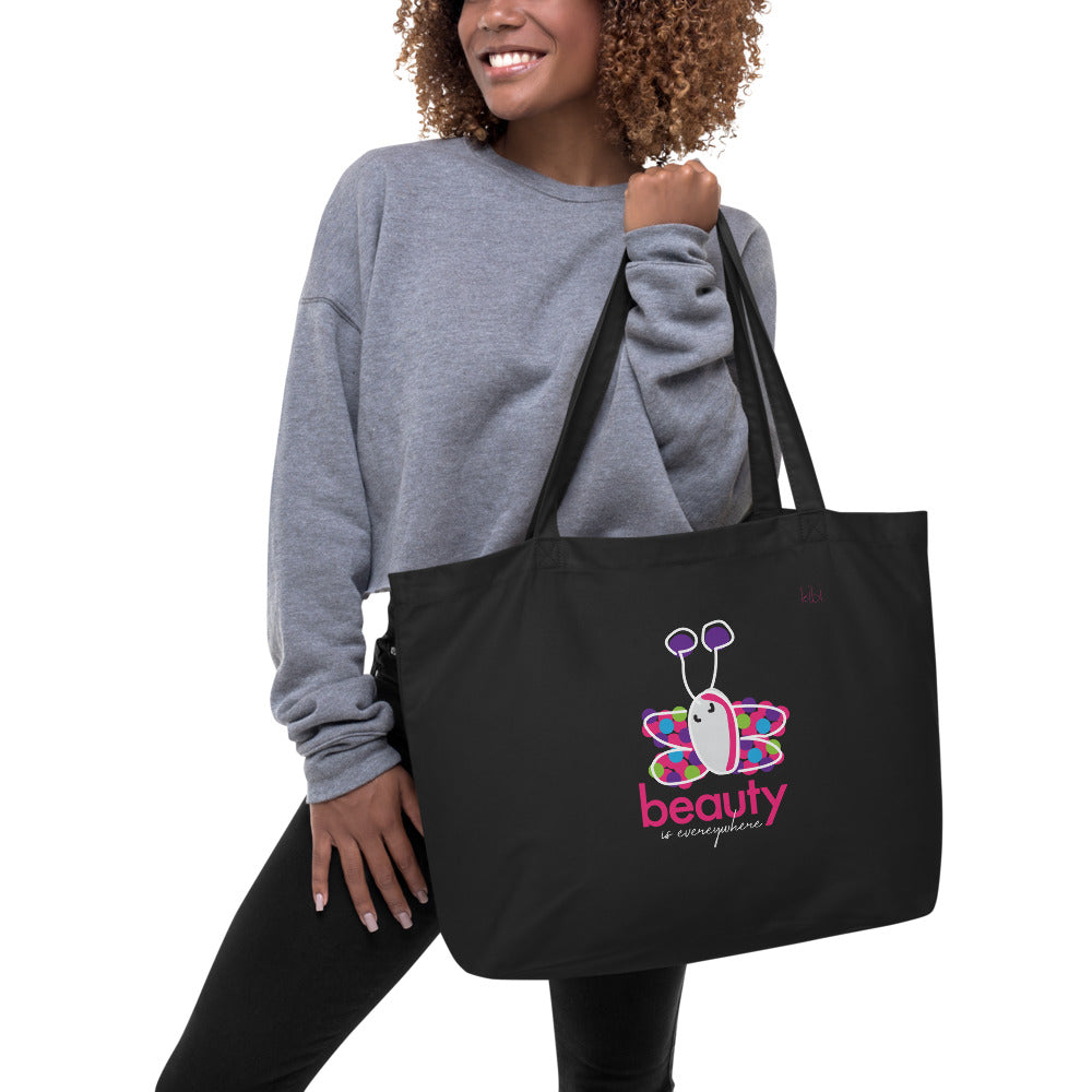 Large Lightweight Cotton Reusable Travel Tote - Beauty Butterfly - Black