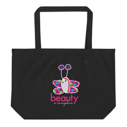 Large Lightweight Cotton Reusable Travel Tote - Beauty Butterfly - Black